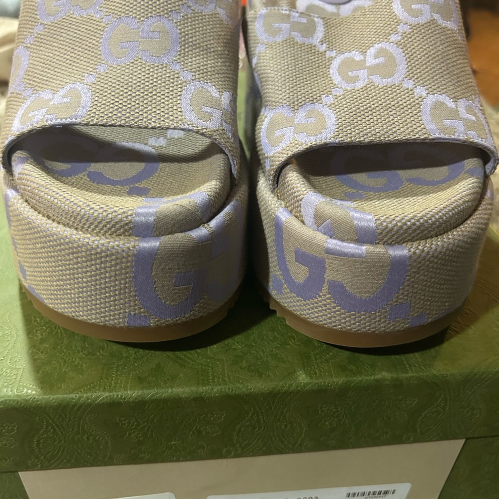 Gucci Beige Canvas Platform Sandals with Lavender GG Monogram
